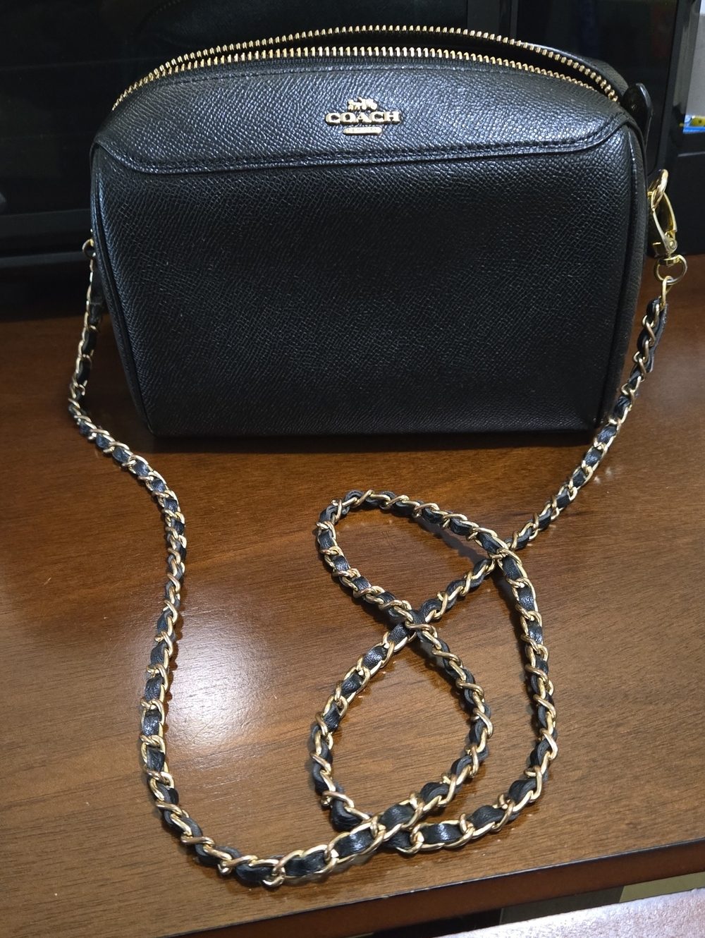 Coach Black Leather Crossbody with Gold Chain Strap